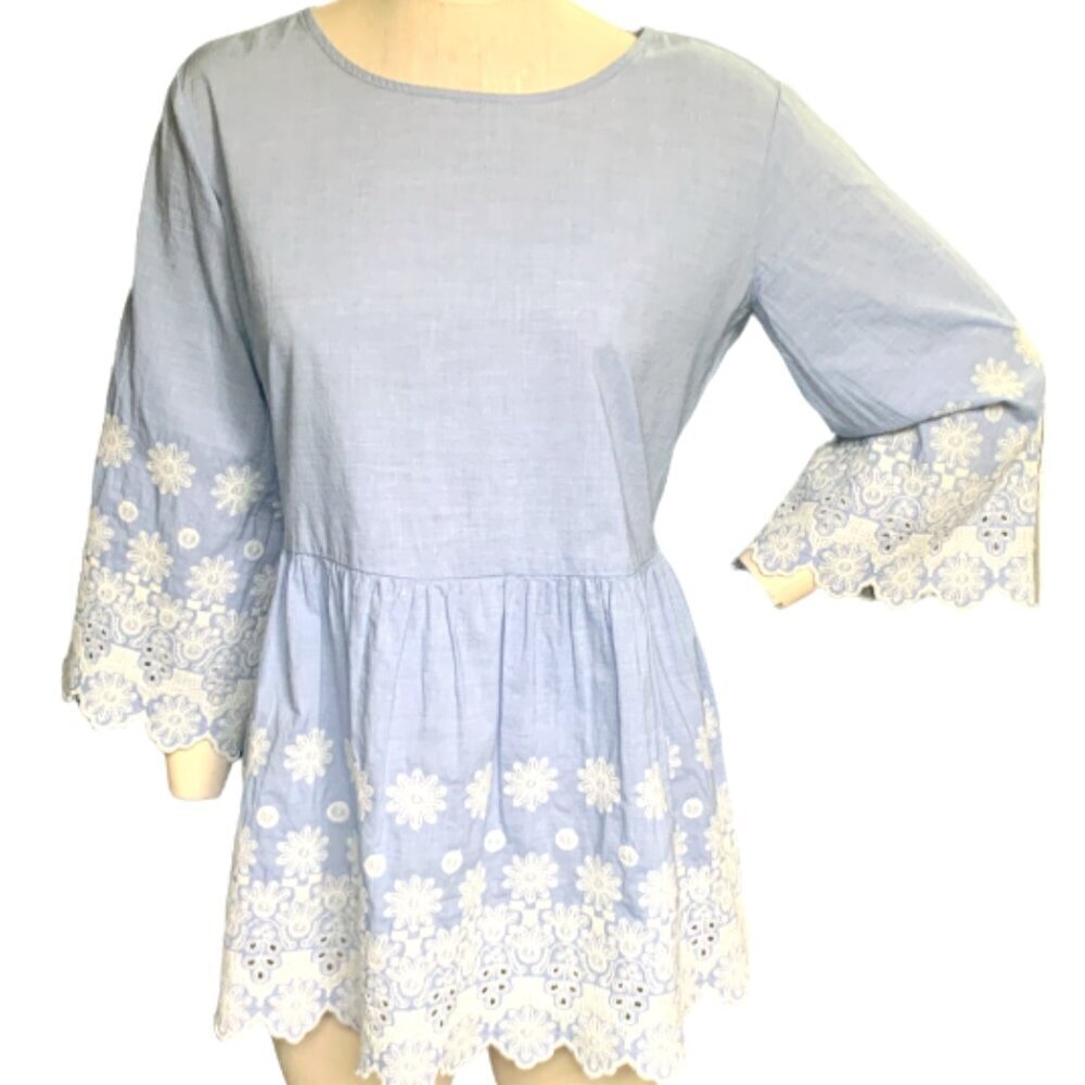 Sweet Magnolia Light-Blue Chambray w/ White‎ Embroidered Floral Lace Sz L #48J